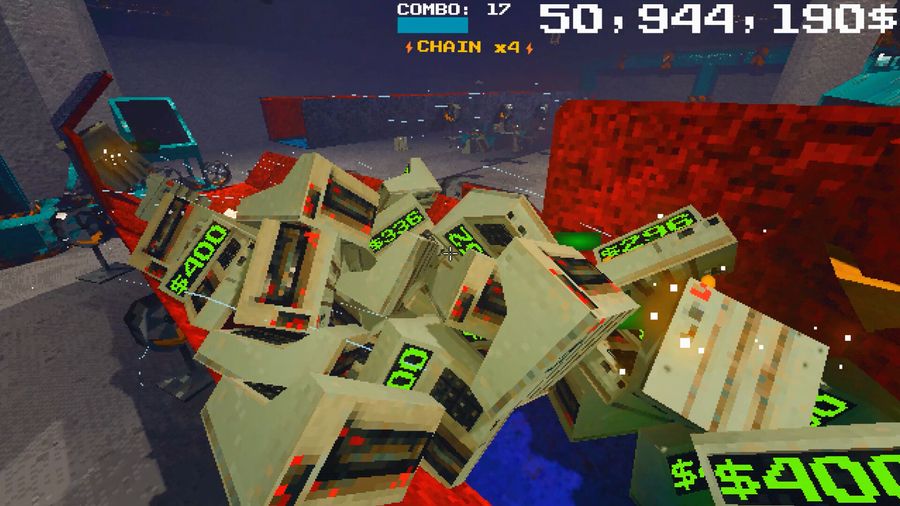 A pile of cash registers mid-dump with a combo and chain counter