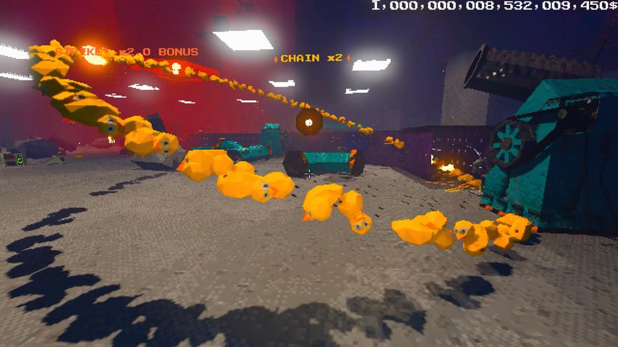 A cannon arcing a stream of ducks across the room with a strike bonus